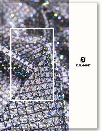 Black Lycra Net Beaded Fabric for Dresses, Gowns & Party Wear - 14617