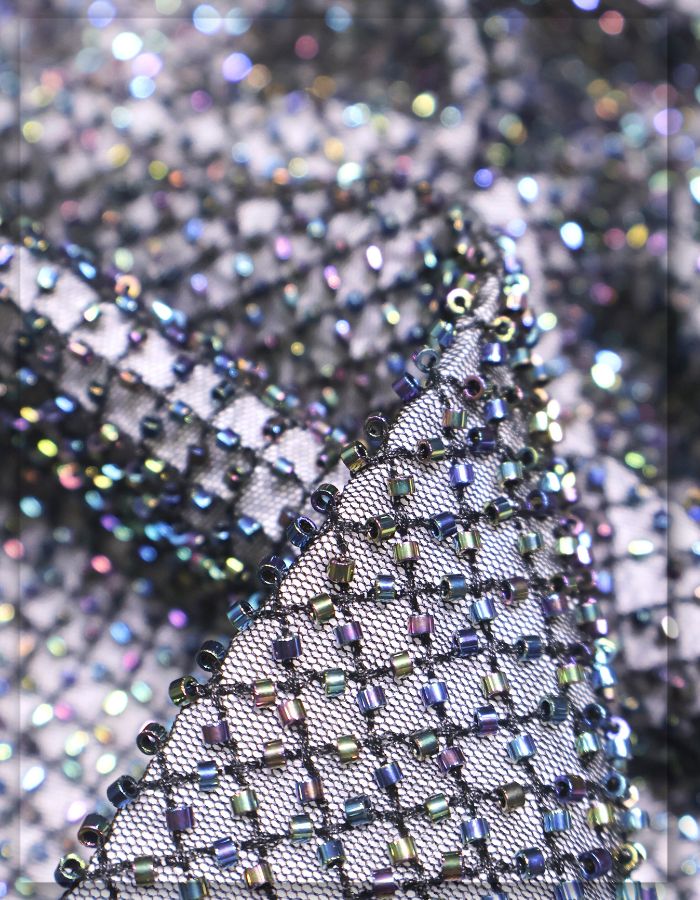 Black Lycra Net Beaded Fabric for Dresses, Gowns & Party Wear - 14617