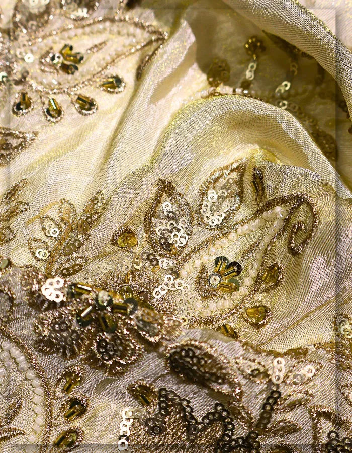 Gold Tissue Beaded & Sequins Lehenga Embroidery Fabric - 14703