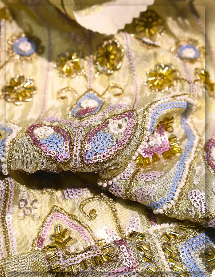 Tissue Gold Bridal Lehenga Embroidery Fabric - 14704