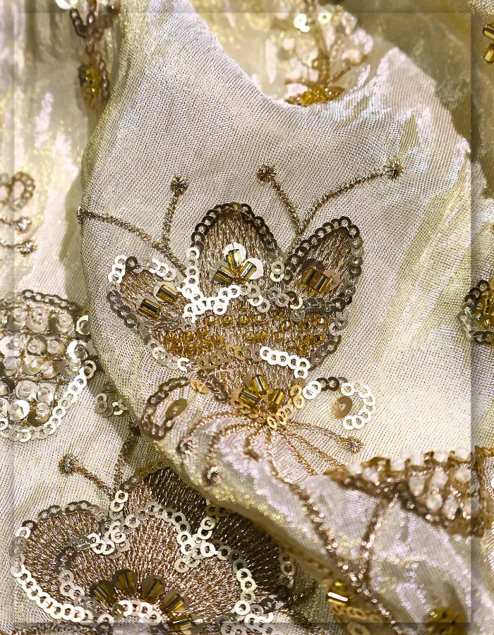 Gold Beaded Embroidered Tissue Silk Lehenga Fabric - 14705