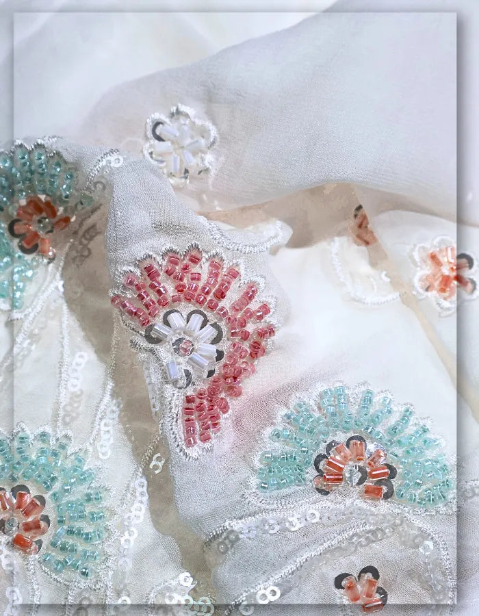 White Georgette Beaded & Sequins Lehenga Fabric - 14706