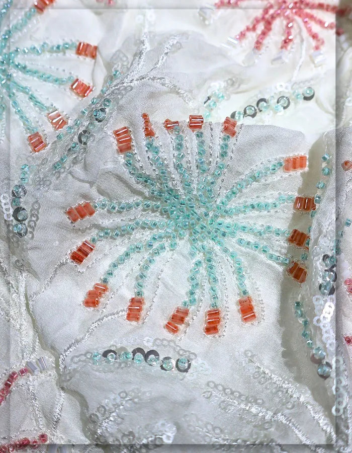 White Georgette Bead & Sequin Bridal Lehenga Fabric - 14707