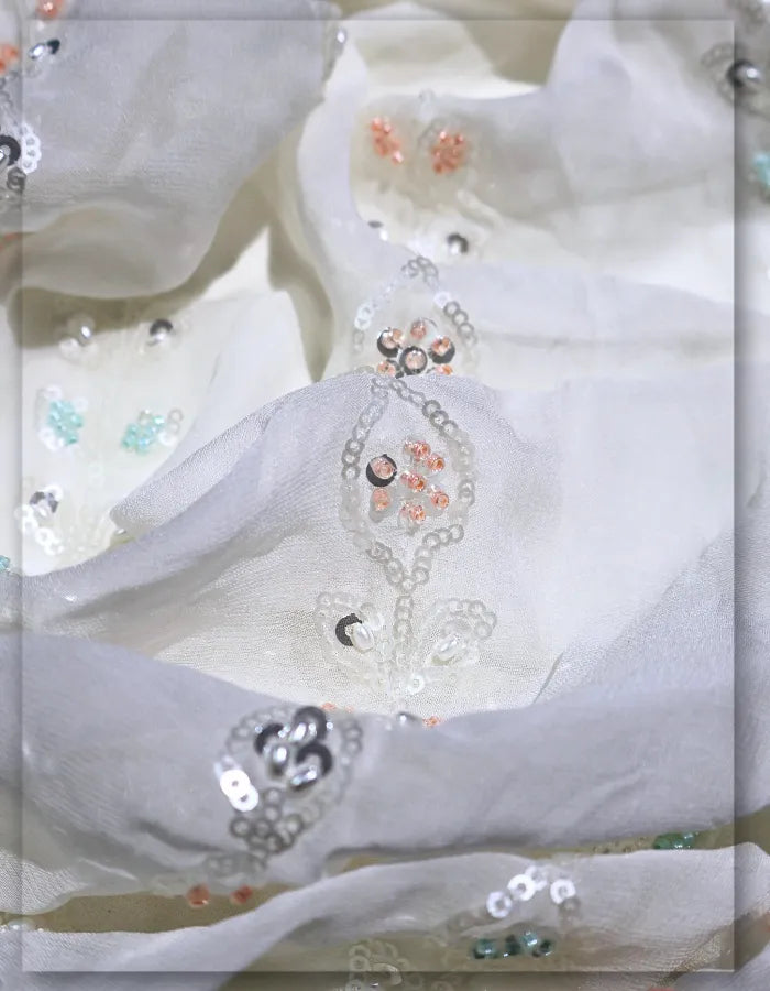 White Georgette Colored Bead & Sequin Lehenga Fabric - 14708