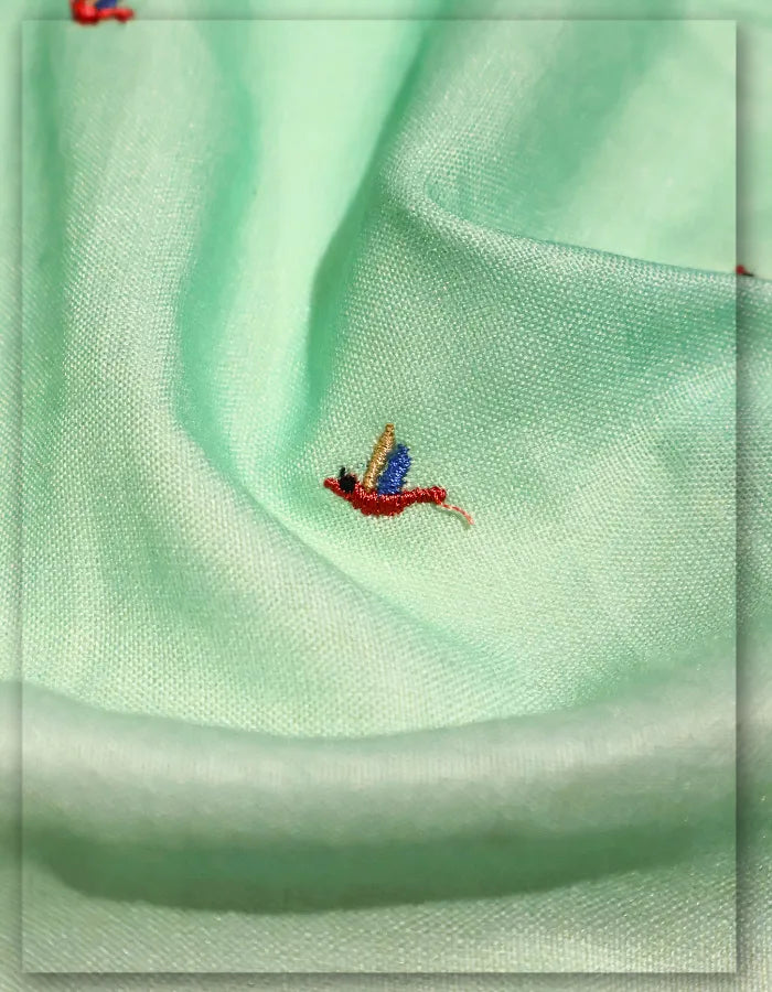 Designer Bird Motif Embroidered Linen Fabric