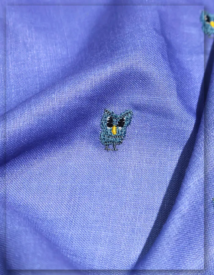 Designer Owl Motif Embroidered Linen Fabric