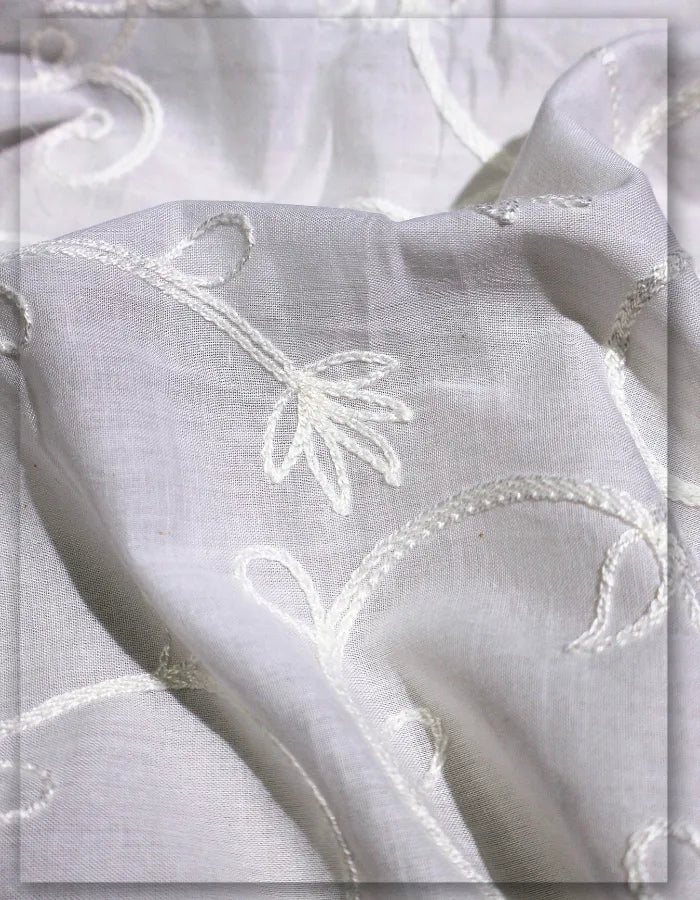 White Ivory Embroidery Floral Cotton Veil Lace Fabric - 14860