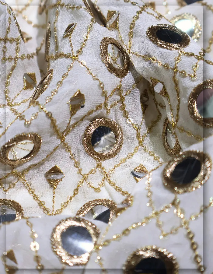 Tissue Gold Allover Mirror Work Embroidery Fabric - 14921