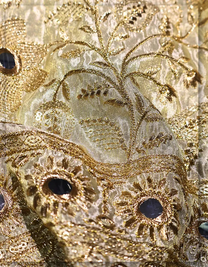 Tissue Gold Mirror Work Lehenga Fabric - 14923