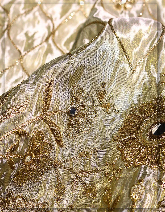 Tissue Gold Mirror Work Embroidery Lehenga Fabric - 14924