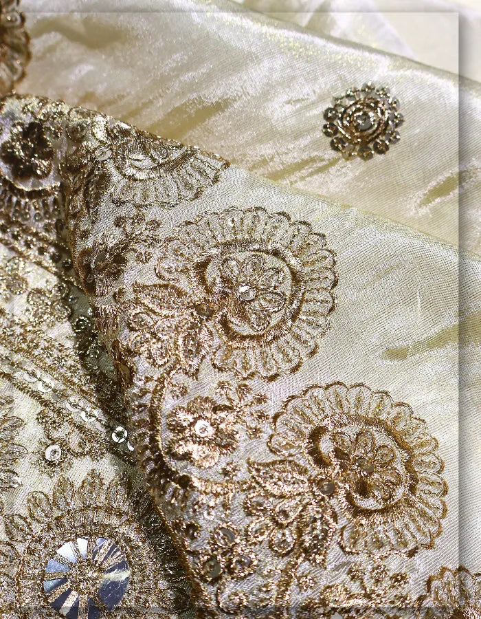 Designer Lehenga Zari Mirror Scallop Work Tissue Fabric