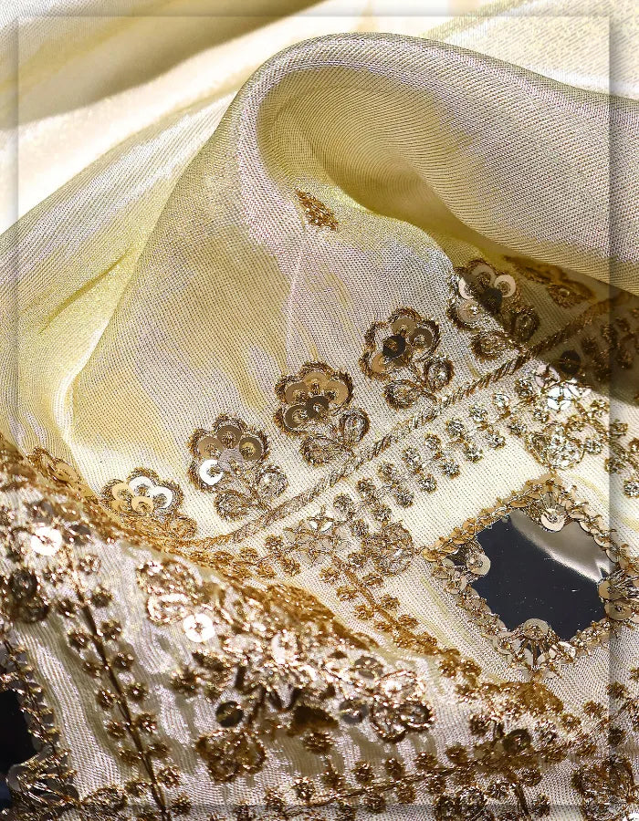 Embroidered Lehenga Mirror Zari Scallop Work Tissue Fabric