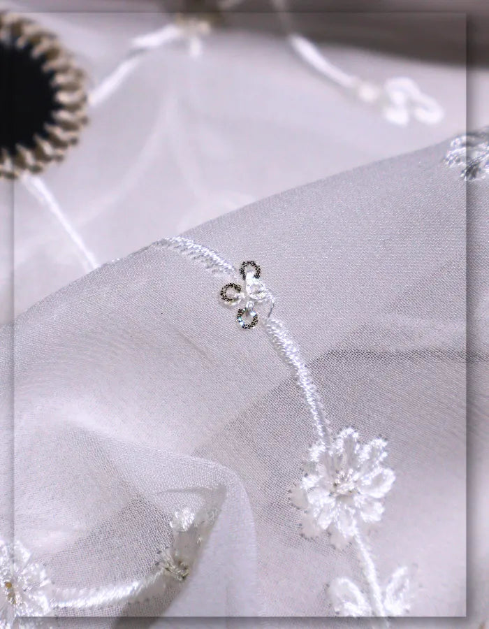 White Thread Veil Mirror Lace Embroidery Fabric - 14985