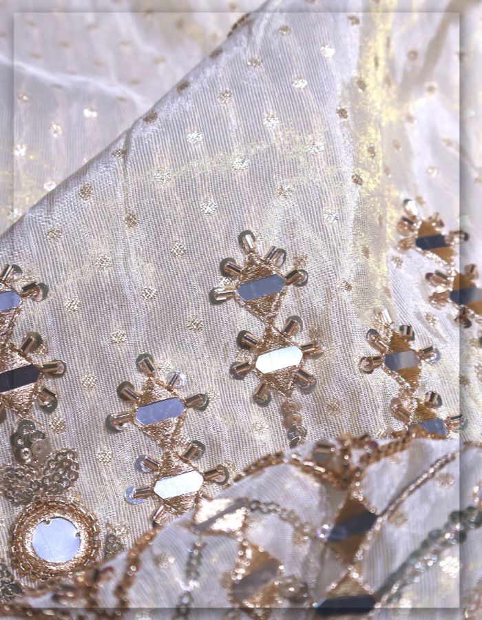 Jacquard Tissue Butti Fabric with Beaded Mirror & Zari Embroidery