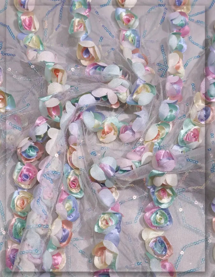Pastel 3D Ribbon Rose Embroidery Net Fabric - 15257