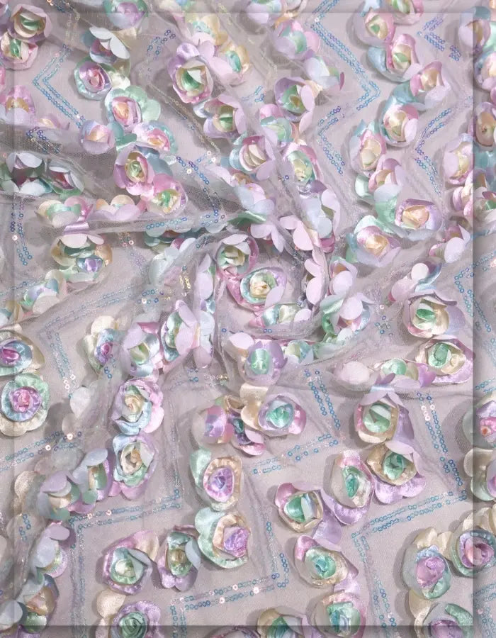 Allover 3D Ribbon Rose Embroidery Net Fabric - 15258