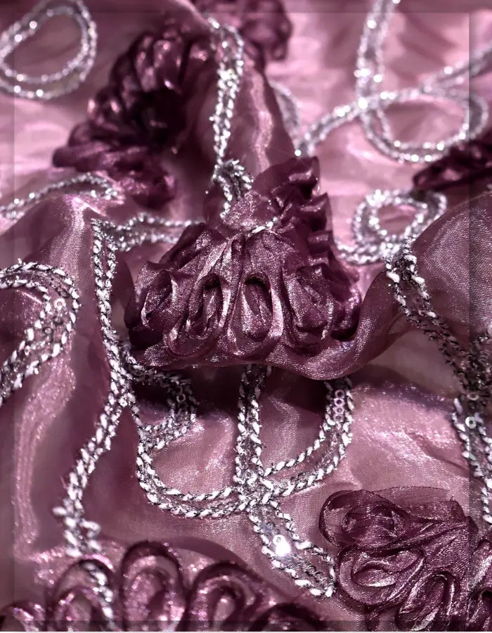 Lavender Satin Rosette Embroidery Net Fabric - 15261