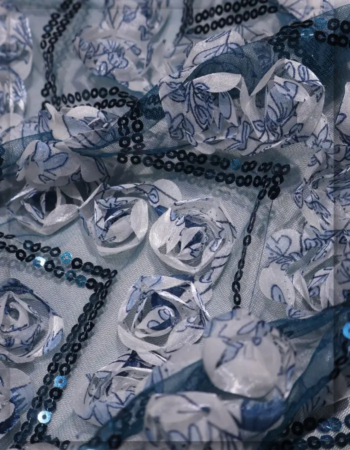 Blue Ribbon Rose Sequin Embroidery Net Fabric - 15271