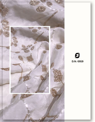 Gold Sequin Leaf & Vine Embroidery on Natural Crepe Fabric