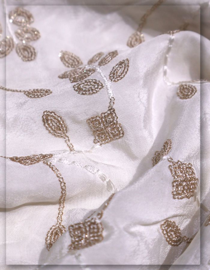 Gold Sequin Leaf & Vine Embroidery on Natural Crepe Fabric