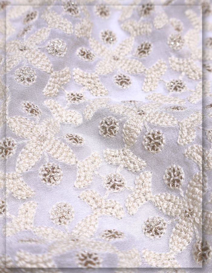 White Georgette Embroidery Fabric for Sherwani - 9390
