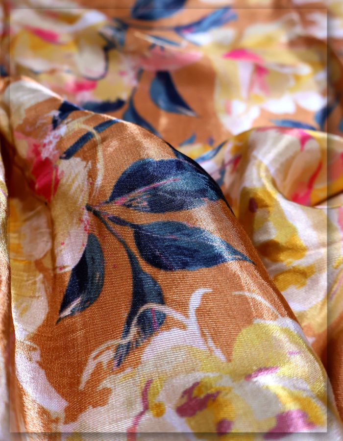 Ochre Brown Rose Print Gaji Silk Yard MF115-spao-7750-18481