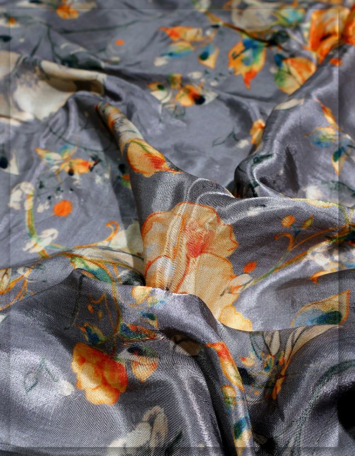 Slate Grey Orange Floral Print Gaji Silk MF115-spao-7750-18523