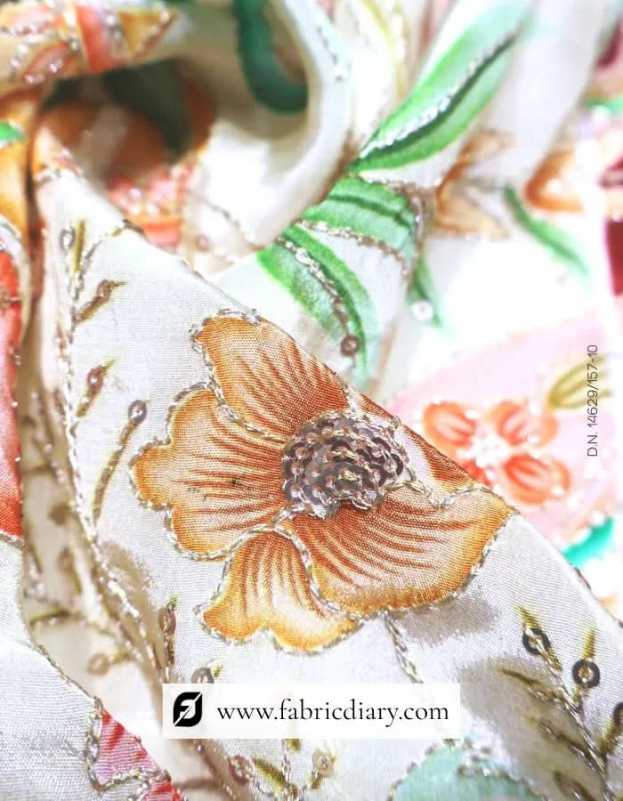 Lovely floral panel print fabric folded neatly on wood