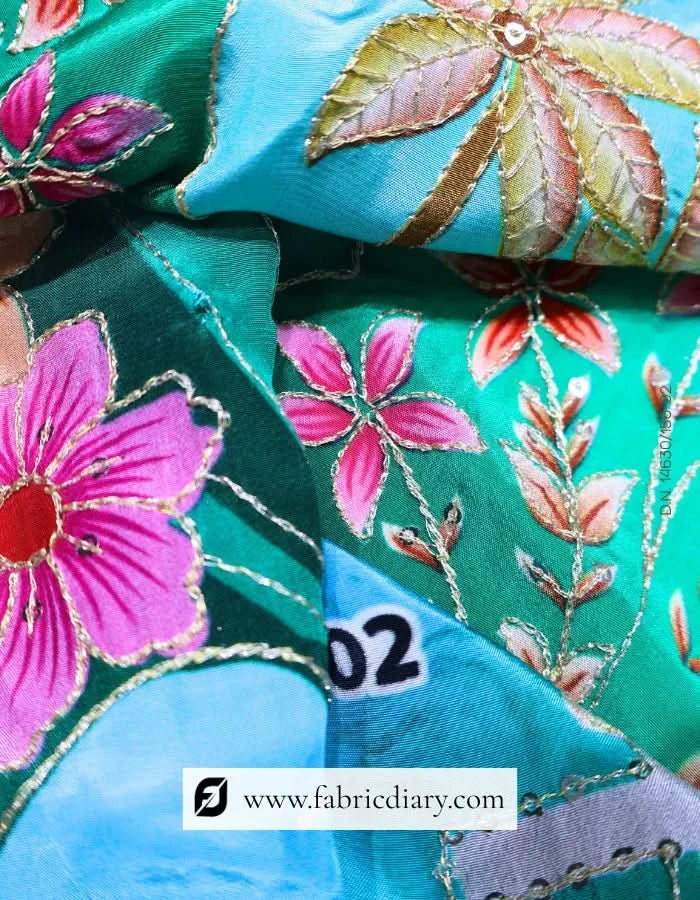 Teal Online fabric, Embroidered textile for export & Bulk embroidery fabric India