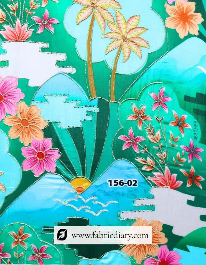 Teal Panel printed fabric, Abaya and kaftan fabric & Bulk embroidery fabric India