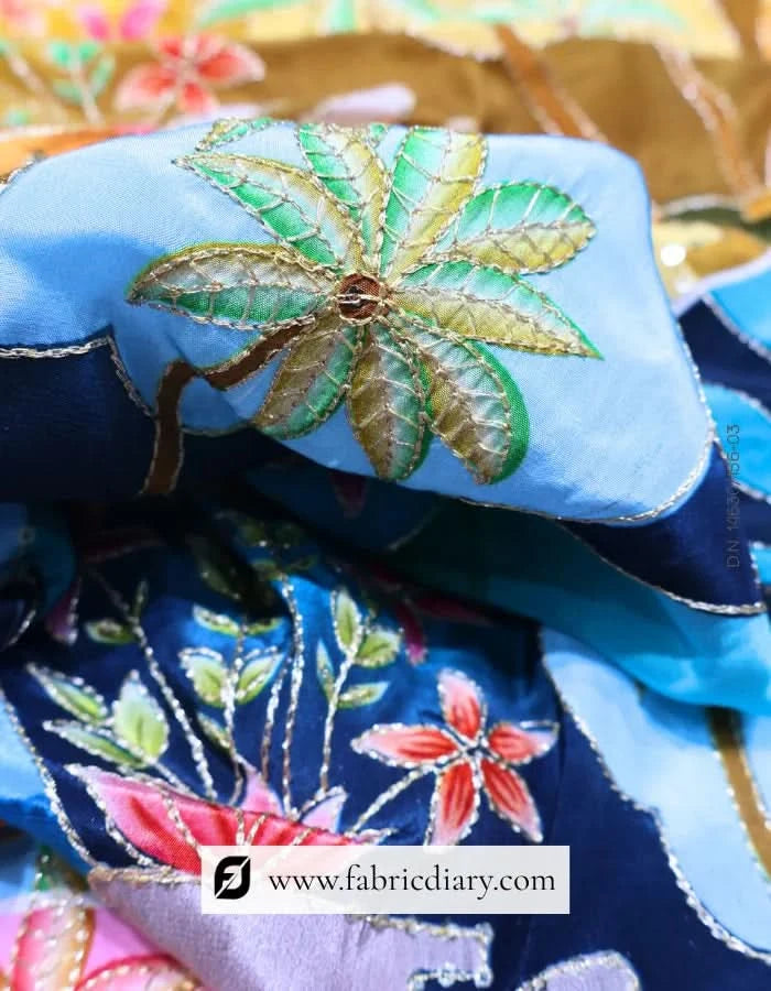 Azure Blue Embroidered Panel Print Fabric USA