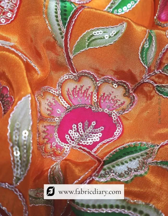 Grey orange floral border printed fabric for suits