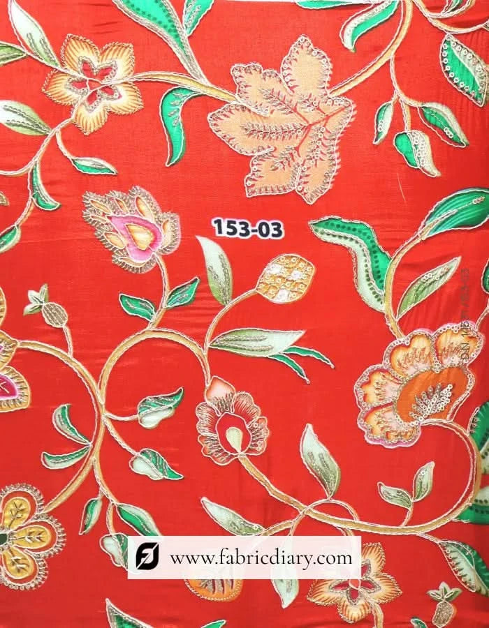 Red floral position print fabric flatlay for sarees