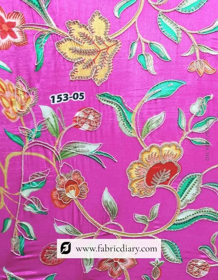 Neon pink floral panel print fabric for ethnic wear