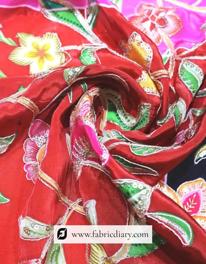 Crimson Red Floral Panel Print Fabric – Explore Punjab Fashion #14631 /153-11
