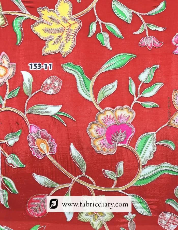  Grey-orange floral fabric for Kerala ethnic wear