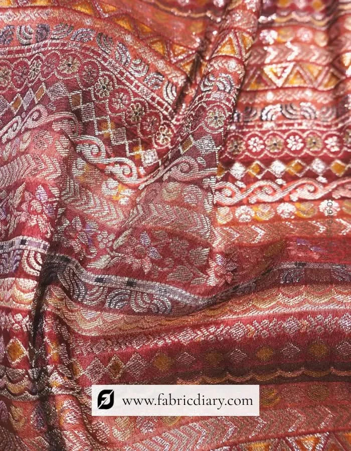Orange Dola Silk Jacquard Print Fabric