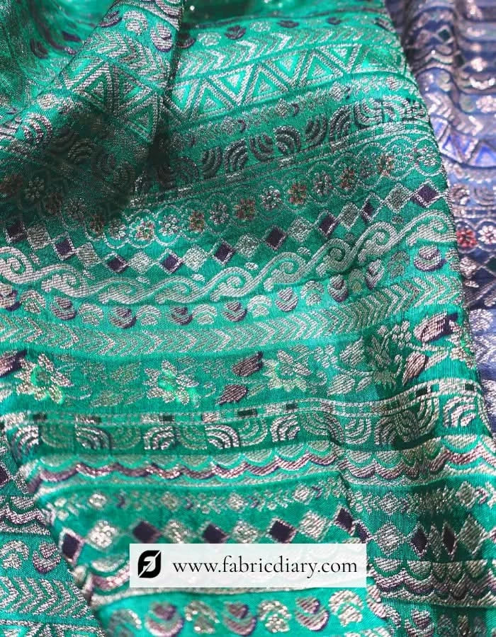 Teal Green Dola Silk Jacquard Print Fabric