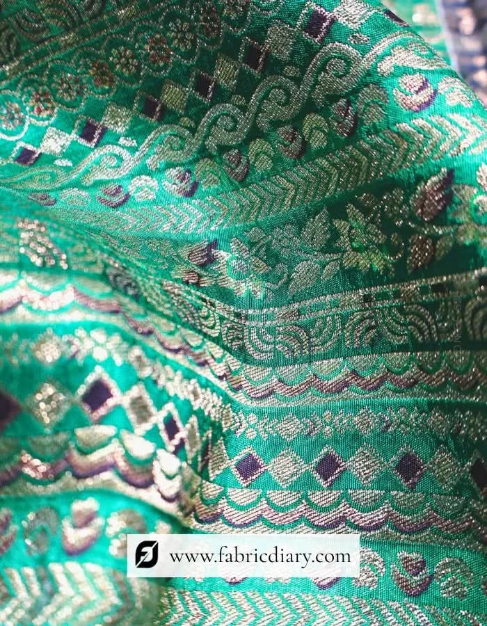 Teal Green Dola Silk Jacquard Print Fabric