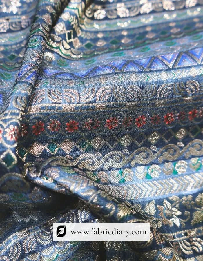 Teal Gray Dola Silk Jacquard Fabric for Gowns – Exporter Based in Amritsar