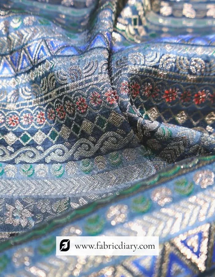 Teal Gray Dola Silk Jacquard Fabric for Gowns – Exporter Based in Amritsar
