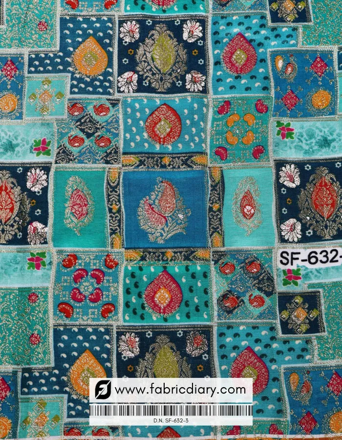 Buy Teal Green Position Print Jacquard Fabric Online