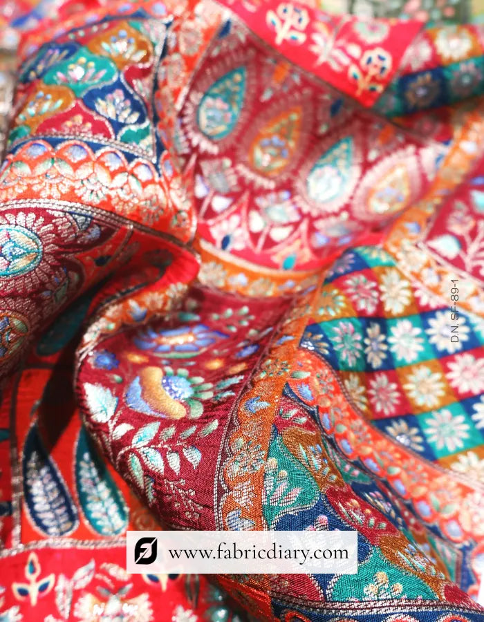 Royal Red Position Print Jacquard Fabric – Luxury Outfit