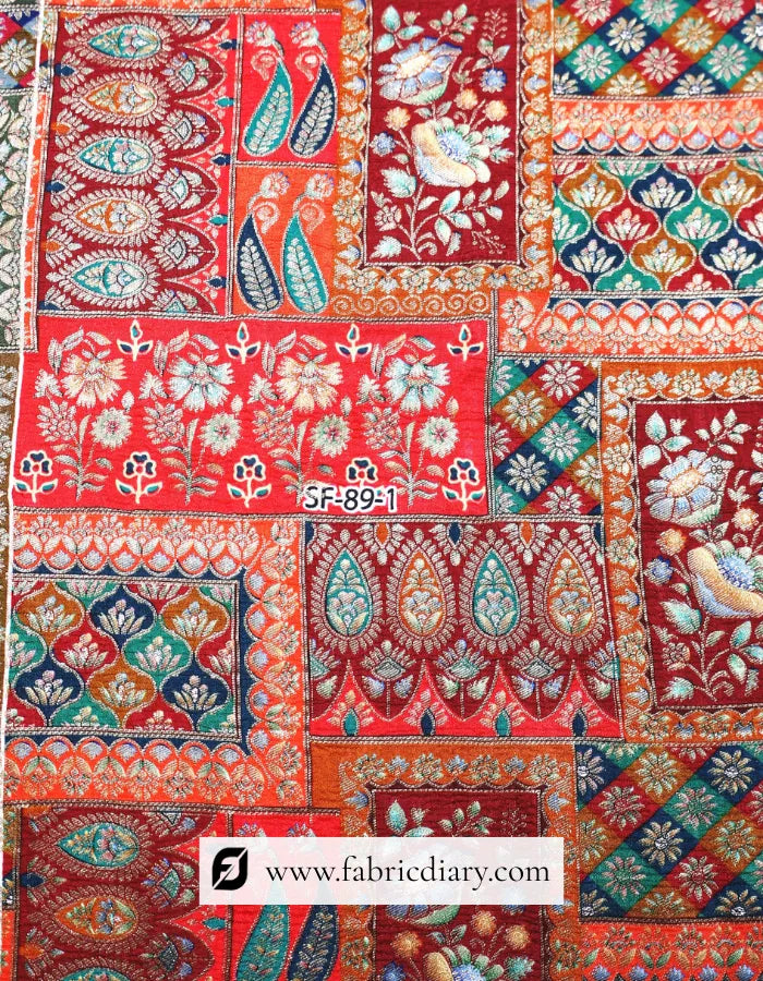 Premium Royal Red Position Print Jacquard Fabric for Dresses