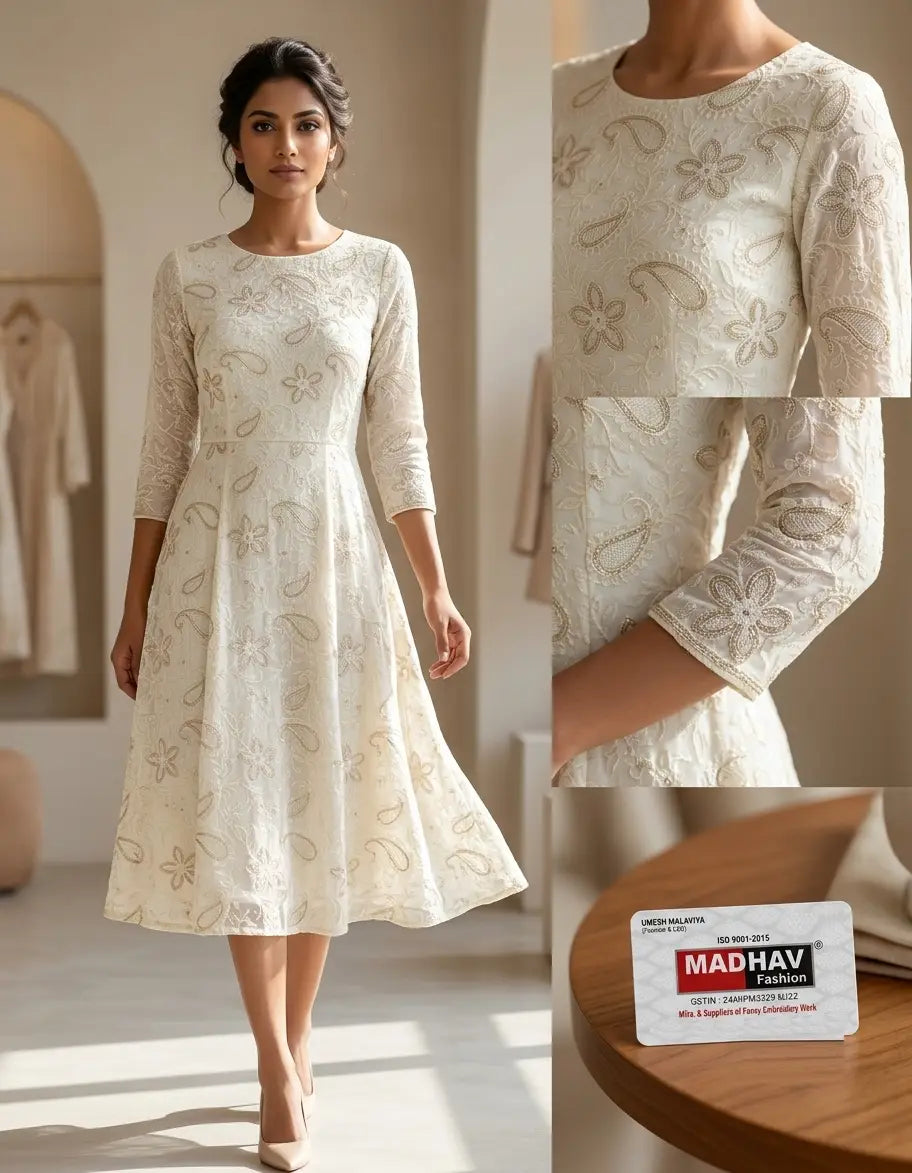 Wholesale Off White Paisley Floral Embroidered Georgette Fabric