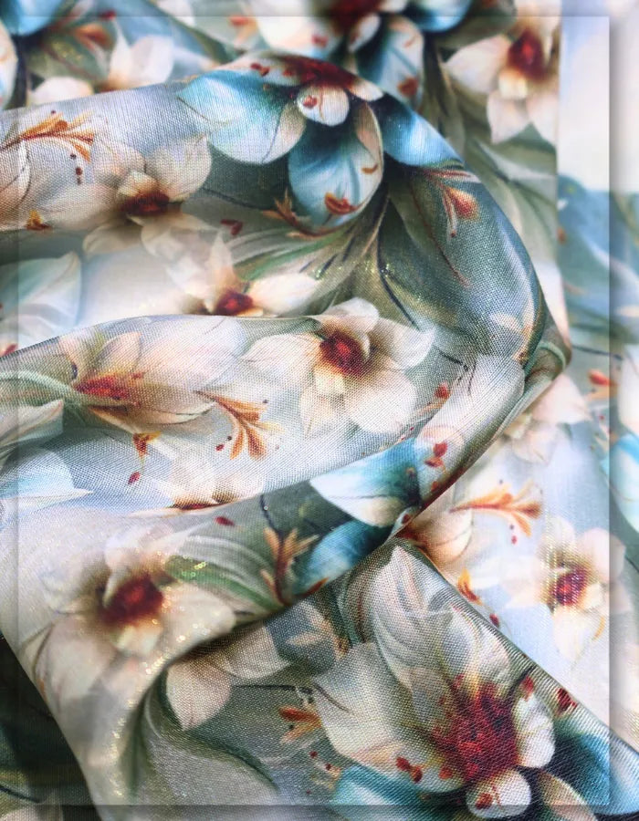 designer silk fabric floral print for party dress luxury finish