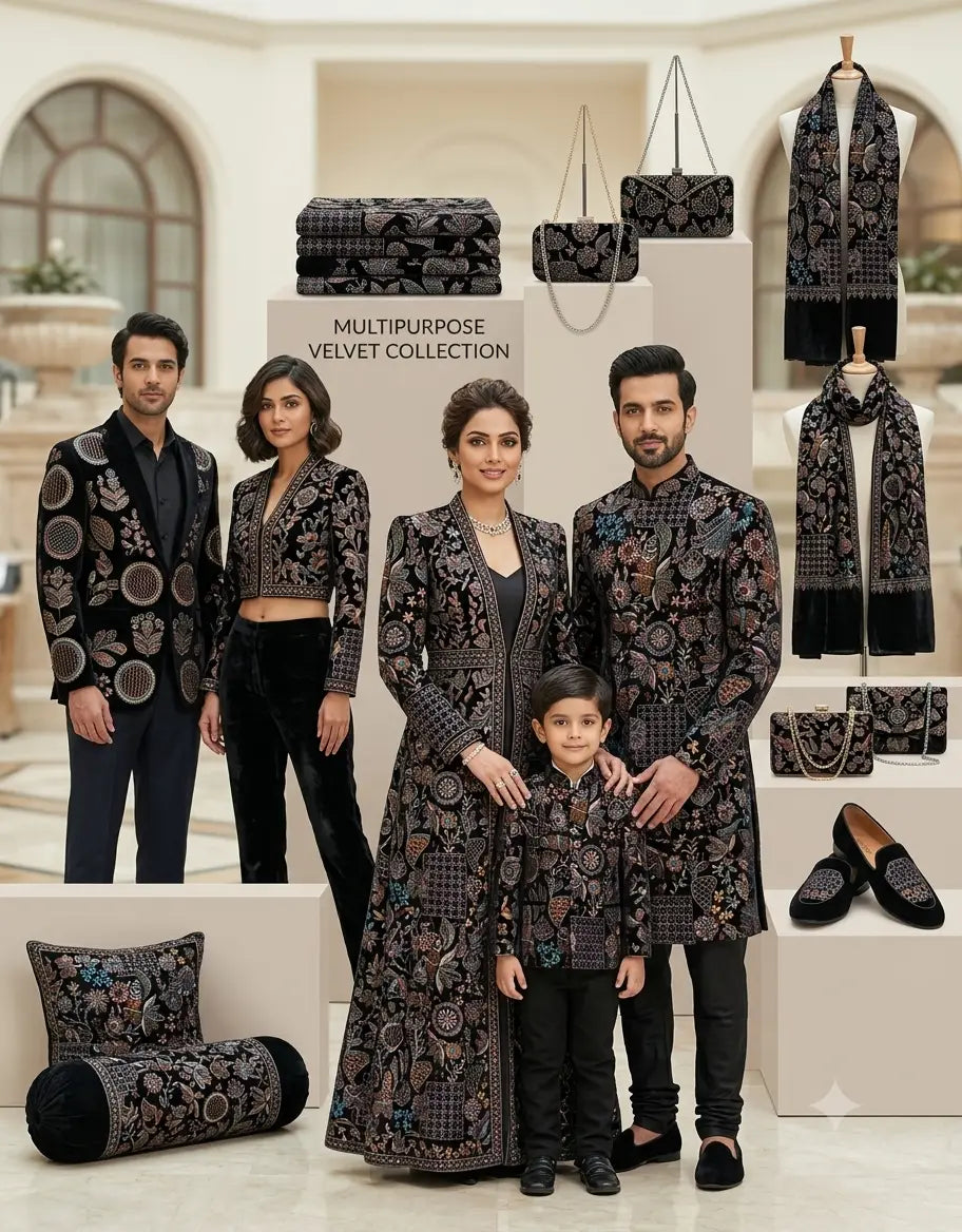 Black Embroidered Velvet Fabric For Sherwani - MOQ 100 Meter